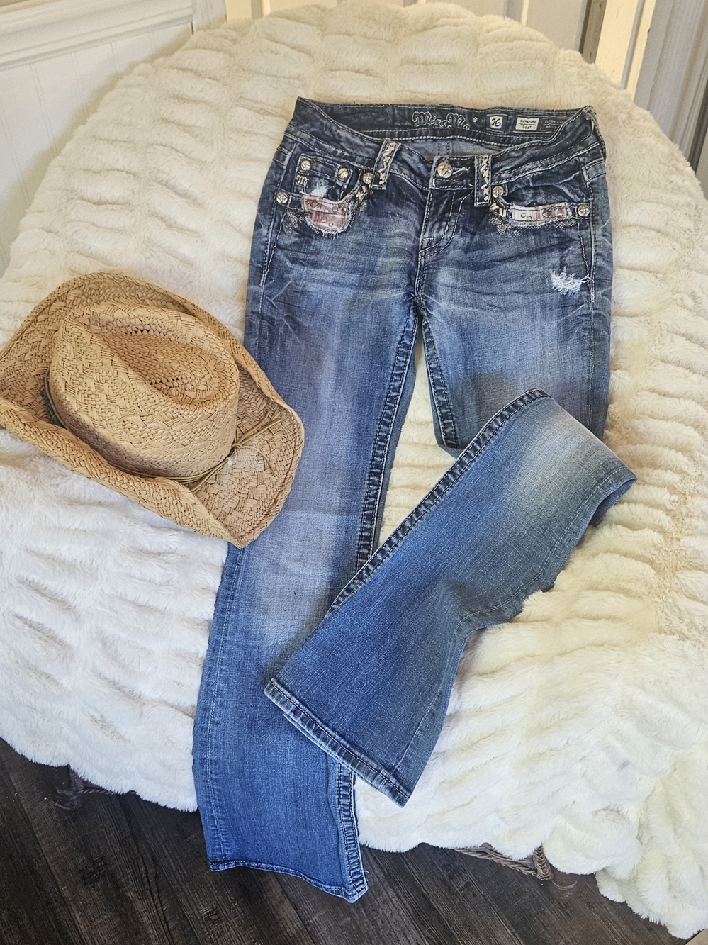 Miss Me Blue Distressed Flare Jeans with Embellished Pockets